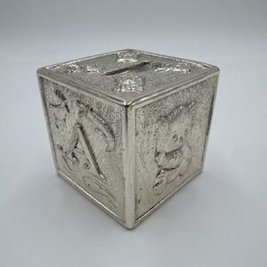 Vintage Himark Silverplate Baby Block Coin Bank Made in Japan 3" Nursery